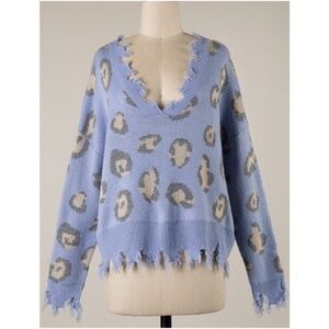 Miracle Cozy Leopard print v neck frayed Distressed Sweater